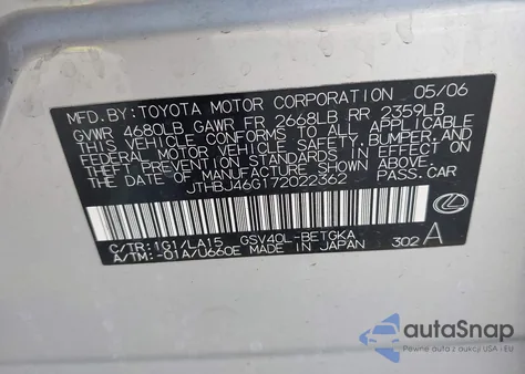 2007 Lexus Es 350 z USA, uszkodzony, nr VIN JTHBJ46G172022362